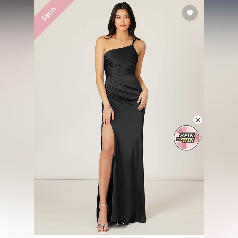 Azazie “Eren” black satin one shoulder mermaid dress.